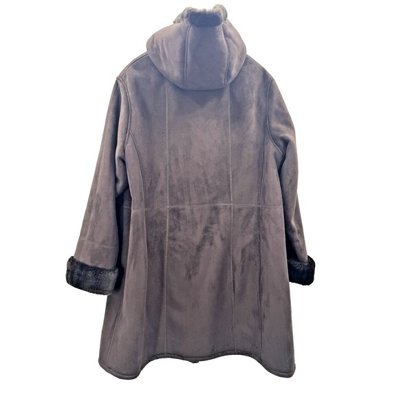 Vintage Penny Lane 1X Brown Coat Faux Suede Fur Trim Hooded Mid-Length Cozy Warm - Picture 2 of 10